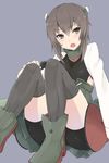  :o bad_id bad_pixiv_id bike_shorts black_legwear blush flat_chest gomashi_(goma) grey_background headgear kantai_collection short_hair sitting solo sweatdrop taihou_(kantai_collection) thighhighs 