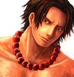  beads black_hair brown_eyes closed_mouth freckles male_focus one_piece portgas_d_ace portrait prayer_beads shirtless simple_background smile solo white_background yumiyokiak 