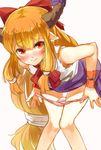  bent_over blush bow hair_bow highres horns ibuki_suika long_hair looking_at_viewer low-tied_long_hair nishiuri orange_eyes orange_hair panties panty_pull pink_panties pointy_ears simple_background sketch solo touhou underwear very_long_hair white_background 