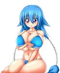  1girl :o blue_hair blush breasts cleavage deep_skin female highres hips huge_breasts long_hair moralgear navel purple_eyes shiny shiny_skin sitting skindentation solo thick_thighs thighs 