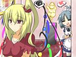  ahoge ahoge_wag apron blonde_hair blood blush_stickers commentary_request expressive_hair flan-maman flandre_scarlet goma_(gomasamune) grey_hair heart izayoi_saki maid maid_apron maid_headdress multiple_girls nosebleed older side_ponytail spoken_heart statue touhou wings 