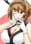  ;d bare_shoulders blush breasts brown_eyes brown_hair cleavage fuuma_nagi gloves hairband hand_on_own_cheek hand_on_own_face headgear kantai_collection large_breasts looking_at_viewer mutsu_(kantai_collection) one_eye_closed open_mouth short_hair smile twitter_username upper_body white_gloves 