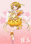  beamed_eighth_notes boots bow brown_hair bubble_skirt choker circlet cosplay cure_muse_(yellow) cure_muse_(yellow)_(cosplay) earrings eighth_note frills full_body hair_bow heart highres hoshi_(xingspresent) jewelry knee_boots koizumi_hanayo love_live! love_live!_school_idol_project magical_girl musical_note pink_background precure purple_eyes quarter_note ribbon short_hair sixteenth_note skirt smile solo star suite_precure tiry treble_clef yellow_bow yellow_choker yellow_skirt 