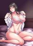  black_beat blush bra breasts brown_eyes brown_hair cleavage jewelry large_breasts long_hair mature navel on_bed open_clothes open_shirt panties pink_bra ring shirt sitting solo underwear undressing wedding_band 