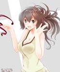  absurdres alternate_hairstyle artist_name breasts brown_hair cleavage dated dress green_eyes hair_down highres ise_(kantai_collection) kantai_collection large_breasts long_hair ribbon solo tebi_(tbd11) 