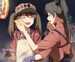  apron bad_id bad_pixiv_id black_hair blush brown_hair closed_eyes cooking dirty festival fireworks food_stand gloves houshou_(kantai_collection) japanese_clothes kantai_collection kisetsu long_hair multiple_girls open_mouth ponytail ryuujou_(kantai_collection) smile tasuki twintails wiping_face 