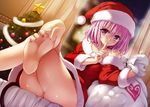  1girl absurdres bare_legs bare_shoulders barefoot bleed_through blush bottomless christmas christmas_tree comic demon_tail feet finger_to_mouth hands hat highres index_finger_raised momo_velia_deviluke no_panties official_art pink_hair pov_feet purple_eyes sack santa_costume santa_hat scan scan_artifacts short_hair shushing smile soles solo tail thighs to_love-ru to_love-ru_darkness toenails toes yabuki_kentarou 