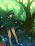  blue_hair fireflies full_body grass hair_bobbles hair_ornament hat highres kaatoso kawashiro_nitori key panties pantyshot rock shirt short_hair short_twintails skirt skirt_hold skirt_set solo standing swimsuit swimsuit_under_clothes touhou tree twintails two_side_up underwear water wet 