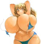  1girl areolae arms_behind_head arms_up bikini blonde_hair breasts bursting_breasts curvy erect_nipples female gigantic_breasts hips long_hair navel nipple_slip nipples plump shiny shiny_skin smile solo swimsuit tixil torn_clothes wide_hips yellow_eyes 