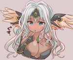  bare_shoulders between_breasts blue_eyes blush breast_hold breasts bridal_gauntlets circlet cleavage collarbone dark_angel_metatron_(p&amp;d) dark_skin deep_skin feathered_wings finger_to_mouth full-face_blush head_wings image_sample large_breasts lavender_background long_hair marshmallow_mille pen pixiv_sample puzzle_&amp;_dragons silver_hair simple_background solo tears wavy_hair wavy_mouth wings 
