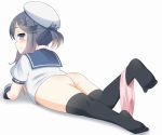  1girl ass black_legwear blue_ribbon blush from_behind gloves gradient_hair kantai_collection looking_at_viewer looking_back lying multicolored_hair no_shoes on_stomach panties panties_around_leg pink_panties puffy_short_sleeves puffy_sleeves purple_eyes purple_hair ribbon sailor_hart school_uniform serafuku short_hair short_sleeves sidelocks simple_background smile soba_(sobaya1938) solo thighhighs tsushima_(kantai_collection) underwear white_background white_gloves 