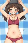  4shi bikini brown_eyes brown_hair flat_chest grin headgear highres jewelry kantai_collection long_hair magatama navel necklace ryuujou_(kantai_collection) smile solo stomach swimsuit twintails 