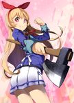  &gt;:) aikatsu! aikatsu!_(series) axe blonde_hair blush hair_ribbon highres hoshimiya_ichigo long_hair looking_at_viewer red_eyes ribbon skirt smile solo v-shaped_eyebrows weapon yuuzii 