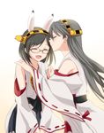  animal_ears bad_id bad_pixiv_id bare_shoulders black_hair bunny_ears closed_eyes detached_sleeves glasses hairband hands_on_shoulders haruna_(kantai_collection) imminent_kiss japanese_clothes kantai_collection kirishima_(kantai_collection) kisetsu long_hair multiple_girls short_hair smile 