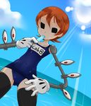  animalorb_kirin black_legwear dutch_angle extra_eyes eye_socket flat_chest food gloves hand_on_hip highres ice_cream lens_flare mechanical_arms navel ocean one-piece_swimsuit orange_hair peacock_(skullgirls) popsicle red_eyes school_swimsuit short_hair skullgirls solo sweat swimsuit thighhighs white_gloves 