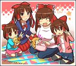  animal benikurage blush bow brown_eyes brown_hair cat cookie_(touhou) hakurei_reimu horns ibuki_suika kanna_(cookie) long_hair multiple_girls multiple_persona reu ribbon ribbon_trim sananana sitting skirt smile socks touhou umo_(cookie) v 