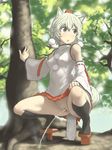  animal_ears black_legwear breasts detached_sleeves forest fundoshi fundoshi_aside furemani geta grey_eyes hat highres inubashiri_momiji japanese_clothes kneehighs looking_away looking_to_the_side nature pee peeing pom_pom_(clothes) pubic_hair pussy ribbon-trimmed_sleeves ribbon_trim silver_hair small_breasts solo spread_legs squatting sweatdrop tail tengu-geta tokin_hat touhou uncensored wolf_ears wolf_tail 