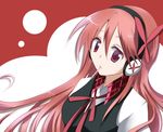  akame_ga_kill! bad_id bad_pixiv_id chelsea_(akame_ga_kill!) hair_ornament headphones long_hair long_sleeves mouth_hold pink_hair plaid red_eyes solo yutori 