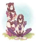  1girl ^_^ animal_ears armor bad_id bad_pixiv_id barefoot braid brown_hair bunny_ears chambray closed_eyes facial_mark fire_emblem fire_emblem:_kakusei hair_brush indian_style izui_(46287343) kneeling mother_and_son open_mouth red_eyes shin_guards sitting smile toeless_legwear twin_braids velvet_(fire_emblem) 