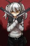  antlers bee_(deadflow) denim dragon_girl dragon_tail dual_wielding gloves glowing glowing_eyes grey_hair grin gun handgun holding jacket jeans kuryuu_kohaku m1911 orange_eyes original pants sharp_teeth slit_pupils smile smirk solo tail teeth track_jacket twintails weapon 