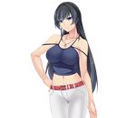  1girl bare_shoulders belt black_hair blue_eyes breasts cleavage collarbone denim game_cg hand_on_hip jeans large_breasts legs long_hair looking_at_viewer midriff nana_g navel onee-chan_saimin_before_after pants serious simple_background solo standing thighs white_background 