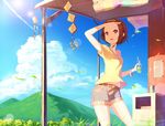  bell bottle brown_eyes brown_hair casual hand_on_forehead highres k-on! ludou ramune shirt short_hair shorts standing t-shirt tainaka_ritsu wind_chime 