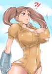  1girl blush bouncing_breasts breasts brown_hair bursting_breasts cleavage cloud covered_navel cowboy_shot day diane_(nanatsu_no_taizai) elbow_gloves eyelashes from_side gloves highres hips huge_breasts leotard lips looking_to_the_side motion_lines nanatsu_no_taizai orange_leotard outdoors puffy_short_sleeves puffy_sleeves purple_eyes short_hair short_sleeves short_twintails sketch sky solo standing surprised sweatdrop taut_clothes torn_clothes torn_leotard tuna21 twintails 