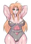  armpits arms_behind_head arms_up breakers breasts cameltoe dark_skin fang green_eyes large_breasts leotard long_hair miyawoo muscle red_hair rila_estancia solo thick_thighs thighs 