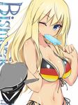  bikini bismarck_(kantai_collection) blonde_hair blue_eyes blush breasts character_name cleavage collarbone dangan_neko dated flag_print food german_flag german_flag_bikini germany hat headwear_removed holding holding_hat kantai_collection large_breasts long_hair looking_at_viewer multicolored multicolored_stripes navel peaked_cap popsicle side-tie_bikini simple_background solo striped striped_bikini swimsuit twitter_username wet white_background 