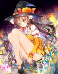  apple bare_legs breasts brown_hair cleavage elbow_pads food fruit green_eyes hat high_heels long_hair looking_at_viewer medium_breasts no_socks original pumpkin solo witch witch_hat yadapot 