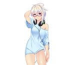  1girl arms_up blush fuuko_ouji game_cg glasses headphones legs looking_at_viewer nana_g no_bra onee-chan_saimin_before_after panties pink_eyes short_hair simple_background smile solo standing thighs underwear white_background white_hair 