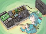  amplifier blue_eyes blue_hair effects_pedal electric_guitar guitar hair_bobbles hair_ornament hat instrument kawashiro_nitori looking_at_viewer looking_up solo touhou two_side_up yume_giwa 