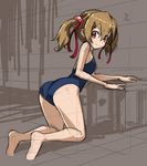  ass bare_shoulders brown_hair hair_ribbon kneeling looking_at_viewer looking_back one-piece_swimsuit red_eyes ribbon rohitsuka school_swimsuit shiny shiny_hair silica sketch smile solo swimsuit sword_art_online twintails 