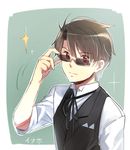  adjusting_eyewear aki_(neyuki41028) aldnoah.zero brown_eyes brown_hair character_name glasses kaizuka_inaho male_focus sleeves_rolled_up sunglasses vest 