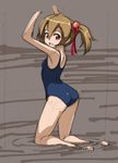  arms_up ass bare_shoulders blush brown_hair hair_ribbon kneeling looking_at_viewer looking_back one-piece_swimsuit partially_submerged red_eyes ribbon rohitsuka school_swimsuit shiny shiny_hair silica sketch smile solo swimsuit sword_art_online twintails water 