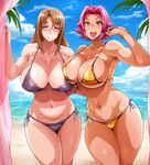  areola_slip areolae beach belly bikini bracelet breasts brown_eyes brown_hair cleavage cloud curtain_grab curtains curvy day glasses groin highres huge_breasts jewelry long_hair looking_at_viewer multiple_girls mumumu_(three_emu) navel ocean open_mouth original outdoors pink_hair short_hair side-tie_bikini sky smile sweat swimsuit water wide_hips 