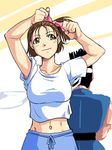  1girl arikawa back-to-back breasts brown_eyes brown_hair hair_ribbon hanzo_(world_heroes) headband izumo_ryoko large_breasts midriff one_side_up ribbon shirt short_hair smile snk solo_focus t-shirt world_heroes 