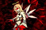  abstract_background androgynous blonde_hair blood bloody_tears claws commentary crying detached_wings flower flying halo holding kirby kirby_(series) kirby_64 one-eyed personification red red_sclera ribbon_(kirby) robe rose setz size_difference solo thorns wand white_robe wings zero_two_(kirby) 