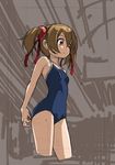  bare_shoulders breasts brown_hair collarbone competition_school_swimsuit cropped_legs hair_ribbon one-piece_swimsuit red_eyes ribbon rohitsuka school_swimsuit shiny shiny_hair silica sketch small_breasts smile solo swimsuit sword_art_online twintails wet 