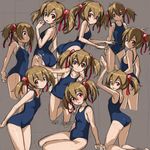  ass bare_shoulders blush brown_hair character_sheet collarbone dated hair_ribbon leg_up looking_at_viewer looking_back multiple_views one-piece_swimsuit partially_submerged red_eyes ribbon rohitsuka school_swimsuit silica sketch smile swimsuit sword_art_online twintails wading water 