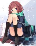  bag black_legwear blush book brown_hair kneehighs kuwashima_rein leg_hug looking_at_viewer love_live! love_live!_school_idol_project nishikino_maki open_mouth otonokizaka_school_uniform purple_eyes scarf school_bag school_uniform short_hair sitting skirt smile snow snowing solo 