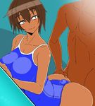  1boy 1girl animated animated_gif ass brown_hair buttjob dark_skin huge_ass jaguar_(artist) looking_back penis penis_under_clothes rubbing smile swimsuit 