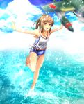  :d aircraft airplane barefoot brown_hair cloud day evandragon highres i-401_(kantai_collection) kantai_collection m6a_seiran ocean open_mouth outstretched_arms running school_swimsuit sea_spray smile solo splashing spread_arms swimsuit water 