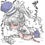  blush commentary_request crying grey_hair hat kureha_mitsushige milk mononobe_no_futo open_mouth short_hair solo stomachache sweat tate_eboshi tears touhou 