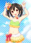  black_hair blush bow jewelry kurape_(pat1na) love_live! love_live!_school_idol_project nail_polish natsuiro_egao_de_1_2_jump! navel necklace nico_nico_nii open_mouth red_eyes short_hair skirt smile solo striped twintails yazawa_nico 