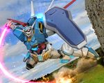  beam_saber cloud energy_sword fire g-self glowing glowing_eyes gundam gundam_g_no_reconguista hiropon_(tasogare_no_puu) mecha no_humans photo_background realistic science_fiction shield sky smoke solo sword weapon yellow_eyes 