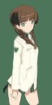  animal_ears bottomless braid brown_hair cowboy_shot green_background green_eyes hanna_philine heart jacket long_hair long_sleeves military military_uniform shimada_fumikane simple_background solo tail twin_braids uniform world_witches_series 