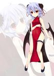  akisome_hatsuka alternate_costume arm_at_side bare_shoulders bat_wings china_dress chinese_clothes double_bun dress floral_print lavender_hair leg_garter looking_at_viewer no_panties open_mouth pointy_ears red_dress red_eyes remilia_scarlet short_hair side_slit solo touhou wings 