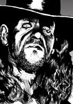  1boy black_hair close-up facial_hair goatee greyscale hat highres long_hair looking_at_viewer male_focus monochrome solo the_undertaker wwe 