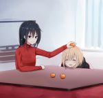  2girls :d bangs black_eyes black_hair black_hoodie blanket blonde_hair blush closed_mouth curtains eyebrows_visible_through_hair eyes_closed food food_on_head fruit fruit_on_head hair_between_eyes highres holding holding_food holding_fruit hood hood_down indoors kotatsu long_hair long_sleeves looking_at_another low-tied_long_hair mandarin_orange multiple_girls object_on_head open_mouth original piripun red_sweater short_hair sidelocks sleeves_past_wrists smile sweater table television turtleneck 